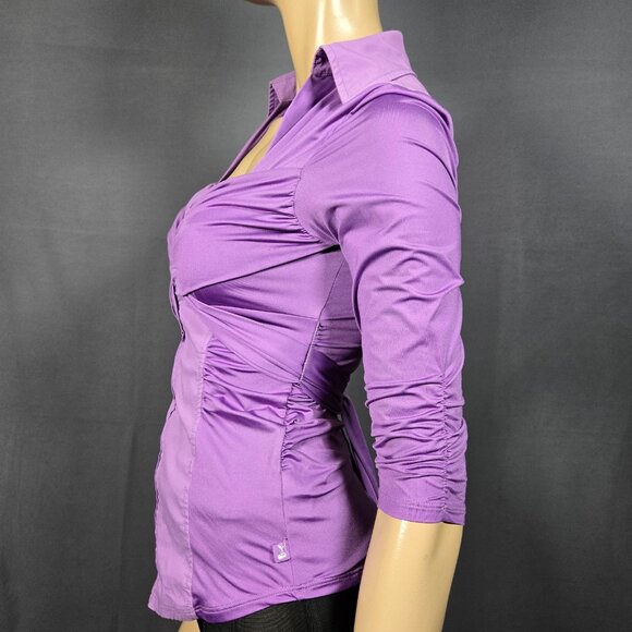 Y2K Zip Up Tie Back Blouse Office Siren Whimsigoth Size S Purple Fitted Ruched - Picture 5 of 13